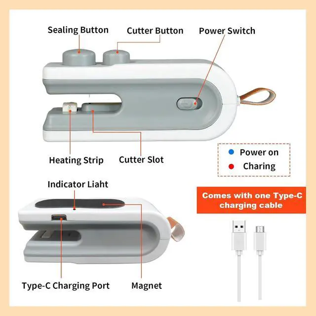 Alt view image 2 of 7 - 2Pcs Mini Bag Sealer, 2026 New 2 in 1 Magnetic Food Sealer with Cutter and Magnet, USB Rechargeable Chip Bag Sealer Heat Seal Tool, for Snacks, Chips, Food Freshness Storage (White + Blue)