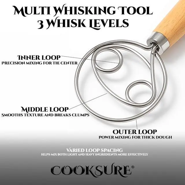 Alt view image 3 of 7 - Danish Dough Whisk for Sourdough Bread 13 Inch Bread Whisk with Wooden Handle 304 Stainless Steel Hook for Heavy Dough Baking, Swedish Dough Whisk Tool
