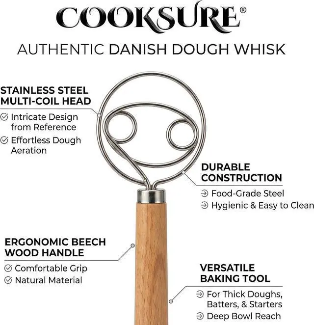 Alt view image 7 of 7 - Danish Dough Whisk for Sourdough Bread 13 Inch Bread Whisk with Wooden Handle 304 Stainless Steel Hook for Heavy Dough Baking, Swedish Dough Whisk Tool