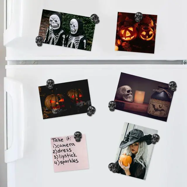 Alt view image 2 of 6 - 8 PCS Skull Fridge Magnets Vintage Skeleton Goth Refrigerator Magnets Funny Cool Decorative Magnets for Locker, Whiteboard, Kitchen, Office, Adsorb Photos Notes (Black)