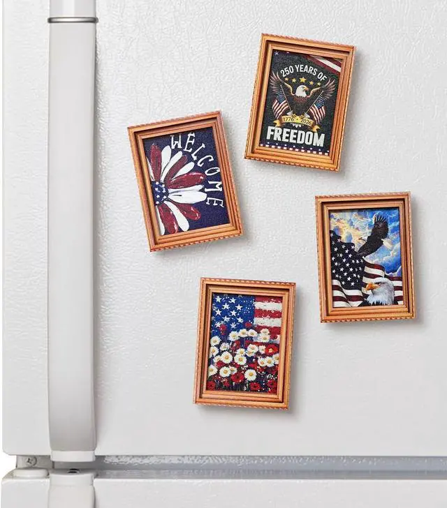 Main image of Patriotic 4th of July Wooden Fridge Magnets,250th Anniversary American,Refrigerator Metal Door Mailbox Locker Independence Day Decorative Wood Magnets for Kitchen,Office,Memorial Day Home Decor 4PCS