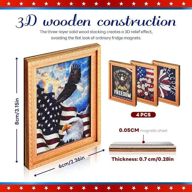 Alt view image 2 of 7 - Patriotic 4th of July Wooden Fridge Magnets,250th Anniversary American,Refrigerator Metal Door Mailbox Locker Independence Day Decorative Wood Magnets for Kitchen,Office,Memorial Day Home Decor 4PCS