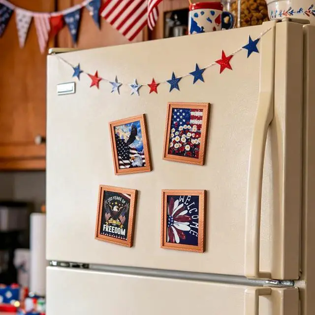 Alt view image 3 of 7 - Patriotic 4th of July Wooden Fridge Magnets,250th Anniversary American,Refrigerator Metal Door Mailbox Locker Independence Day Decorative Wood Magnets for Kitchen,Office,Memorial Day Home Decor 4PCS