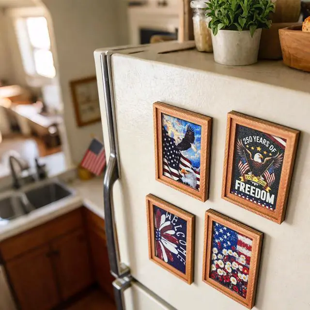 Alt view image 6 of 7 - Patriotic 4th of July Wooden Fridge Magnets,250th Anniversary American,Refrigerator Metal Door Mailbox Locker Independence Day Decorative Wood Magnets for Kitchen,Office,Memorial Day Home Decor 4PCS
