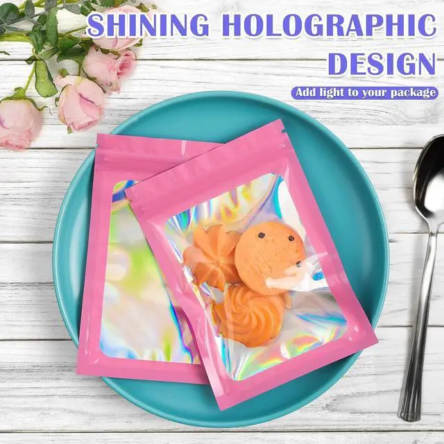 Alt view image 2 of 6 - JETMORE Holographic Bags, 100 PCS Mylar Bags, Pink Candy Bags, 2.4x3.9in | Smell proof bag design with clear window, freshie bags suit products, samples and party favors for daily packing and display