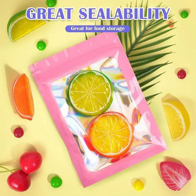 Alt view image 3 of 6 - JETMORE Holographic Bags, 100 PCS Mylar Bags, Pink Candy Bags, 2.4x3.9in | Smell proof bag design with clear window, freshie bags suit products, samples and party favors for daily packing and display