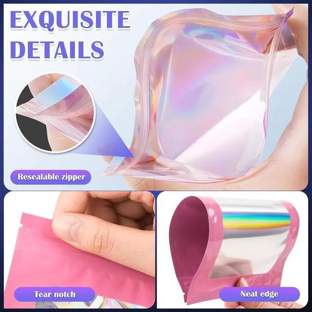 Alt view image 5 of 6 - JETMORE Holographic Bags, 100 PCS Mylar Bags, Pink Candy Bags, 2.4x3.9in | Smell proof bag design with clear window, freshie bags suit products, samples and party favors for daily packing and display