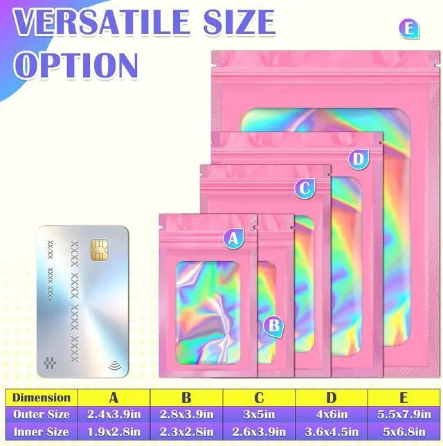 Alt view image 6 of 6 - JETMORE Holographic Bags, 100 PCS Mylar Bags, Pink Candy Bags, 2.4x3.9in | Smell proof bag design with clear window, freshie bags suit products, samples and party favors for daily packing and display