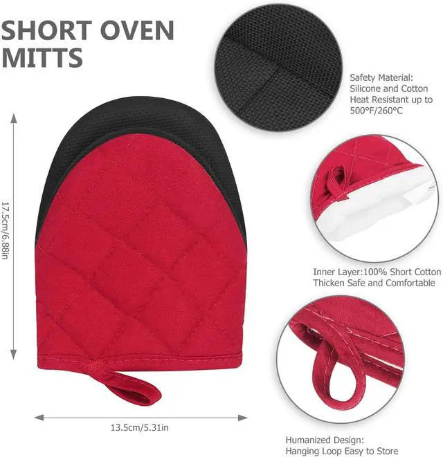 Alt view image 2 of 7 - Goldmeet Mini Oven Mitts 2-Pack, 7"x5.5", 500°F Silicone Grip, Red | Non-Slip, Heat Resistant, Machine Washable, Hanging Loop, Fits Small Hands, for Baking Grilling BBQ Cooking