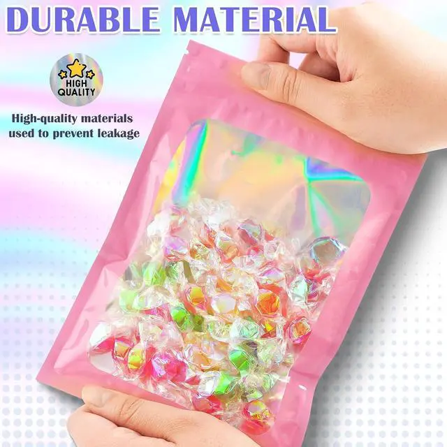 Alt view image 4 of 6 - JETMORE Holographic Bags, 100 PCS Mylar Bags, Pink Candy Bags, 2.4x3.9in | Smell proof bag design with clear window, freshie bags suit products, samples and party favors for daily packing and display
