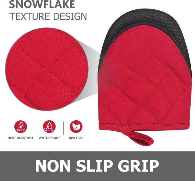 Alt view image 4 of 7 - Goldmeet Mini Oven Mitts 2-Pack, 7"x5.5", 500°F Silicone Grip, Red | Non-Slip, Heat Resistant, Machine Washable, Hanging Loop, Fits Small Hands, for Baking Grilling BBQ Cooking