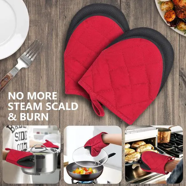 Alt view image 7 of 7 - Goldmeet Mini Oven Mitts 2-Pack, 7"x5.5", 500°F Silicone Grip, Red | Non-Slip, Heat Resistant, Machine Washable, Hanging Loop, Fits Small Hands, for Baking Grilling BBQ Cooking