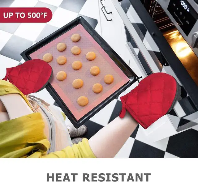 Alt view image 6 of 7 - Goldmeet Mini Oven Mitts 2-Pack, 7"x5.5", 500°F Silicone Grip, Red | Non-Slip, Heat Resistant, Machine Washable, Hanging Loop, Fits Small Hands, for Baking Grilling BBQ Cooking