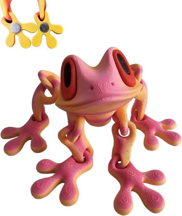 Main image of 3D Printed Articulated Frog Magnet, Movable Joint Fridge Decor,Pink | Powerful magnetic grip for fridge, locker & car, eco-friendly PLA, poseable joints for home, kitchen and office decor