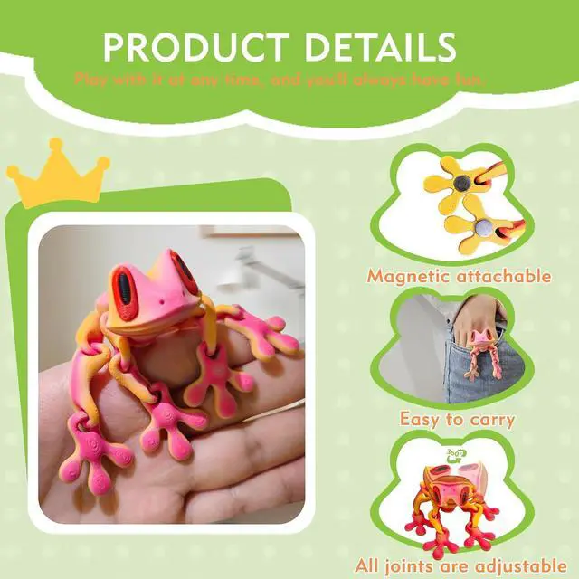 Alt view image 2 of 7 - 3D Printed Articulated Frog Magnet, Movable Joint Fridge Decor,Pink | Powerful magnetic grip for fridge, locker & car, eco-friendly PLA, poseable joints for home, kitchen and office decor