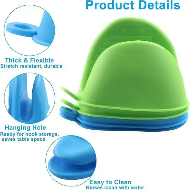 Alt view image 4 of 5 - 4 PCS Silicone Oven Mitts, Blue, Green | Heat Resistant, Mini Silicone Gloves Cooking Pinch Mitts, Thickened Potholders, For Kitchen Cooking & Baking