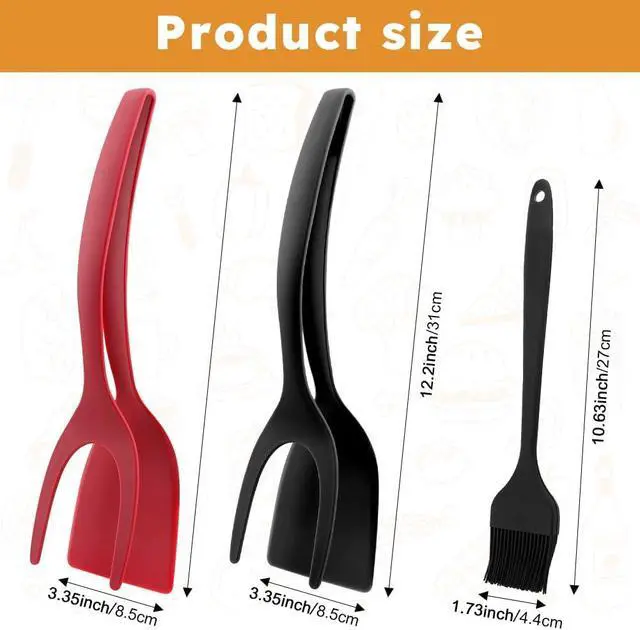 Alt view image 2 of 7 - 2pcs Egg Flipper Spatulas with Silicone Brush, 2 in 1 Grip and Flip Spatula Tongs Egg Flipper Home Kitchen Cooking Tool(Black+red)