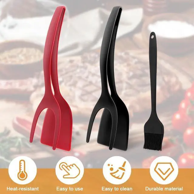 Alt view image 3 of 7 - 2pcs Egg Flipper Spatulas with Silicone Brush, 2 in 1 Grip and Flip Spatula Tongs Egg Flipper Home Kitchen Cooking Tool(Black+red)