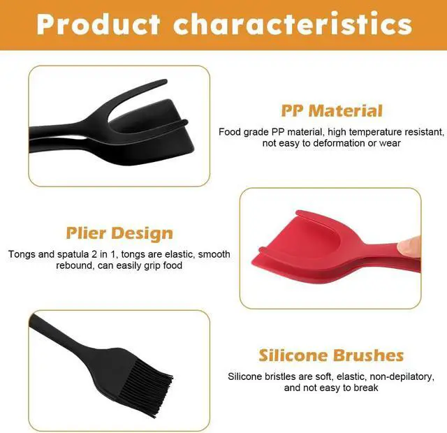 Alt view image 7 of 7 - 2pcs Egg Flipper Spatulas with Silicone Brush, 2 in 1 Grip and Flip Spatula Tongs Egg Flipper Home Kitchen Cooking Tool(Black+red)