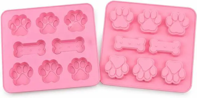 Main image of Set of Two Dog Paw Print Silicone Mold for Homemade Dog Treats for Baking Chocolate Candy, Oven Microwave Freezer Safe (Bone & Paw Print)