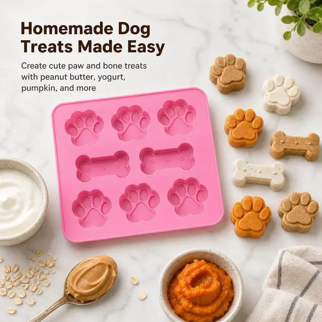 Alt view image 2 of 7 - Set of Two Dog Paw Print Silicone Mold for Homemade Dog Treats for Baking Chocolate Candy, Oven Microwave Freezer Safe (Bone & Paw Print)