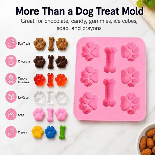 Alt view image 5 of 7 - Set of Two Dog Paw Print Silicone Mold for Homemade Dog Treats for Baking Chocolate Candy, Oven Microwave Freezer Safe (Bone & Paw Print)
