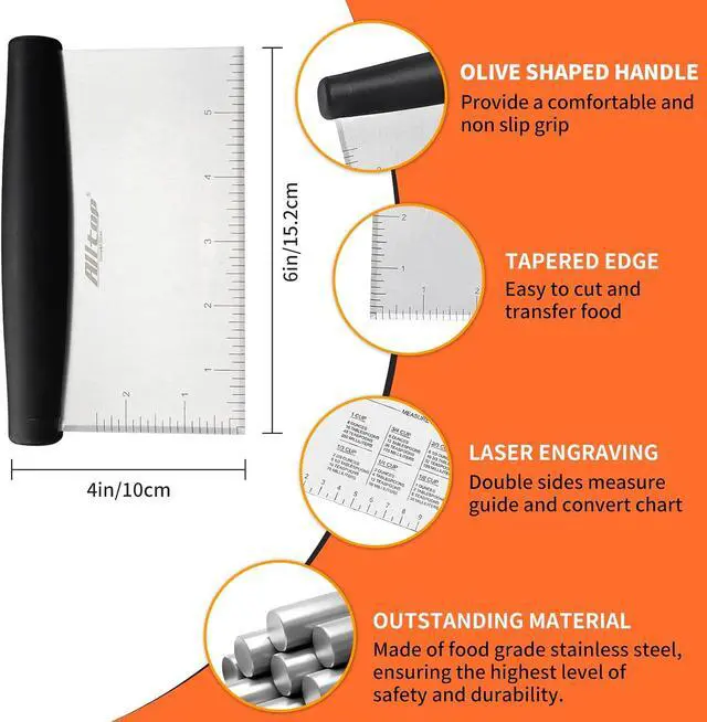 Alt view image 2 of 7 - ALLTOP Bench Scraper & Chopper for Kitchen - Ideal Baking Essential Utensil,Stainless Steel Pastry/Dough/Food Cutter Tool for Cake Pizza Bread,Cooking - 1 Pack,Black
