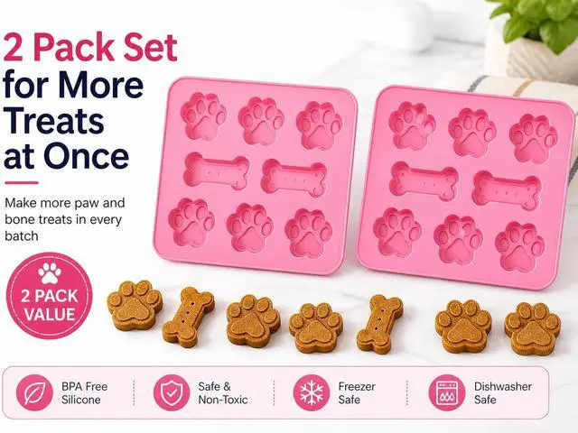 Alt view image 7 of 7 - Set of Two Dog Paw Print Silicone Mold for Homemade Dog Treats for Baking Chocolate Candy, Oven Microwave Freezer Safe (Bone & Paw Print)
