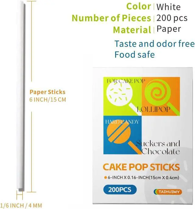Alt view image 2 of 6 - 200 Count 6 INCH White Paper Lollipop and Cake Pop Sticks,Sucker Sticks for Cookies,Rainbow Candy,Chocolate,Cake Topper(Dia 4mm)