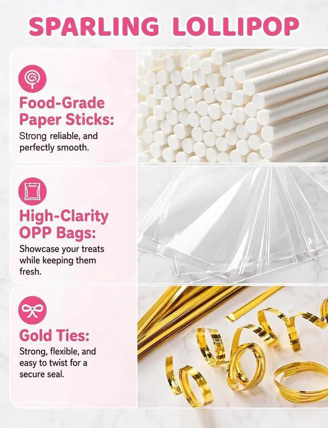 Alt view image 2 of 7 - 300Pcs Lollipop Sticks and Wrappers Kit, 100Pcs 6IN Cake Pop Stick, 100pcs Clear Candy Treat Bags Parcel, 100pcs Gold Twist Ties for Lollipops, Candies, Chocolates Cookies
