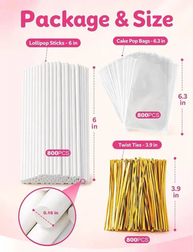 Alt view image 6 of 7 - 300Pcs Lollipop Sticks and Wrappers Kit, 100Pcs 6IN Cake Pop Stick, 100pcs Clear Candy Treat Bags Parcel, 100pcs Gold Twist Ties for Lollipops, Candies, Chocolates Cookies