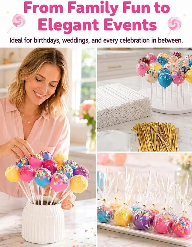 Alt view image 3 of 7 - 300Pcs Lollipop Sticks and Wrappers Kit, 100Pcs 6IN Cake Pop Stick, 100pcs Clear Candy Treat Bags Parcel, 100pcs Gold Twist Ties for Lollipops, Candies, Chocolates Cookies