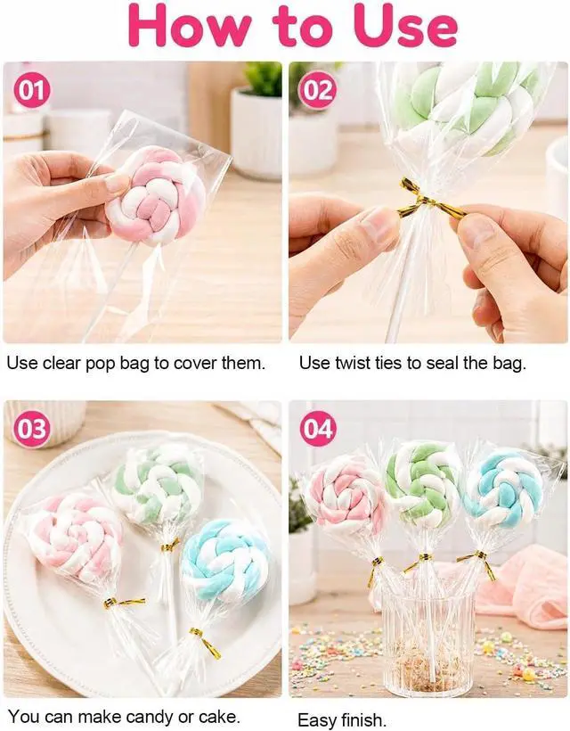Alt view image 7 of 7 - 300Pcs Lollipop Sticks and Wrappers Kit, 100Pcs 6IN Cake Pop Stick, 100pcs Clear Candy Treat Bags Parcel, 100pcs Gold Twist Ties for Lollipops, Candies, Chocolates Cookies