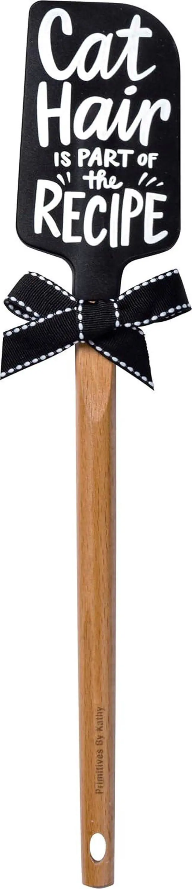 Alt view image 3 of 4 - Primitives by Kathy double-sided silicone novelty cooking spatula hand illustrated/black/white design/cat haking cat hair on back/fun cat inspired sentiment on front/"Cat Hair Is Part Of The Recipe."