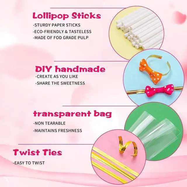 Alt view image 7 of 7 - 320Pcs Cake Pop Sticks and Wrappers Kit, 6 inch Lollipop Sticks | Cake Pop Bags and Metallic Twist Ties Bow, Perfect for Making Lollipops, Candies, Chocolates and Cookies