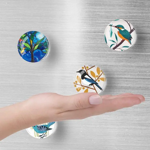 Alt view image 6 of 6 - Bamsod 12 PCS Strong Glass Refrigerator Magnets, Pattern Series for Whiteboard, Office Cabinets, Round Fridge Stickers, Home Kitchen Decor (Bird)