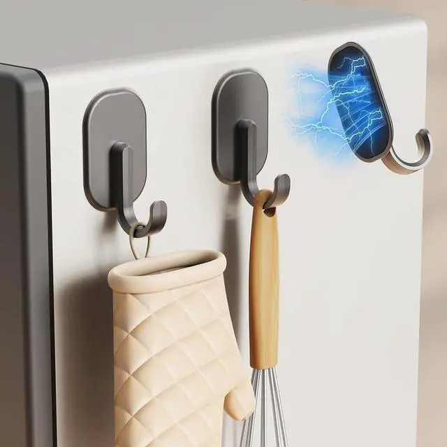 Main image of 3-Pack Magnetic Hooks - No Drill Space Saving Hooks for Kitchen, Bathroom & Office, Heavy Duty Black Refrigerator Hooks for Towels & Keys