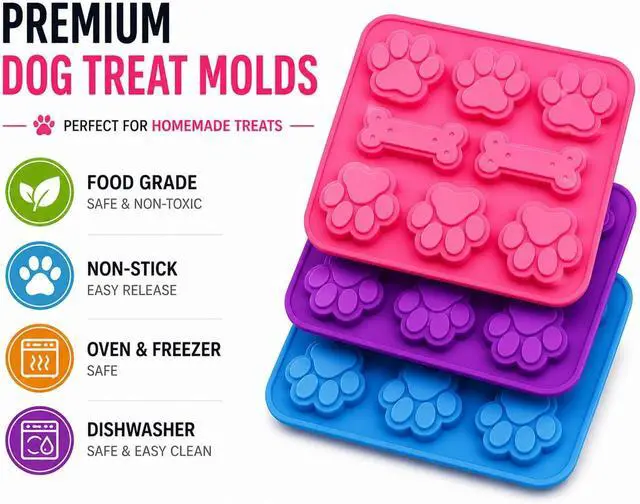 Alt view image 3 of 7 - Silicone Dog Treat Molds 3 Pack, Paw & Bone Shape Non-Stick Baking Mold, Food Grade Silicone for Homemade Dog Treats, Oven Freezer Dishwasher Safe