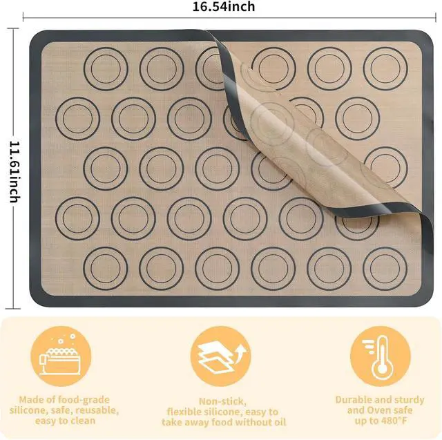 Alt view image 3 of 7 - Luckyiren Macaron Silicone Baking Mats, 2 Pack Half Sheet Set, Gray/Beige | Two 16.54 x 11.62 in macaron silicone baking mats feature circles for evenly sized macarons; nonstick half sheet liners.