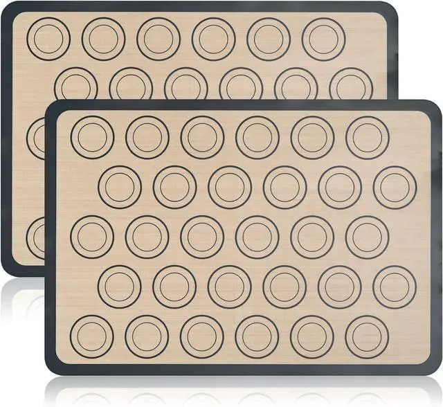 Main image of Luckyiren Macaron Silicone Baking Mats, 2 Pack Half Sheet Set, Gray/Beige | Two 16.54 x 11.62 in macaron silicone baking mats feature circles for evenly sized macarons; nonstick half sheet liners.