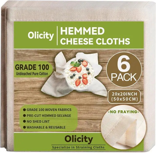 Main image of Olicity Cheese Cloths, 6Pack, 20x20Inch Hemmed Cheese Cloth Fabric Reusable | 100% Cotton Unbleached Precut Fine Mesh Cloth Grade 100 Muslin Cheesecloth for Straining, Cooking, Yogurt, Juicing