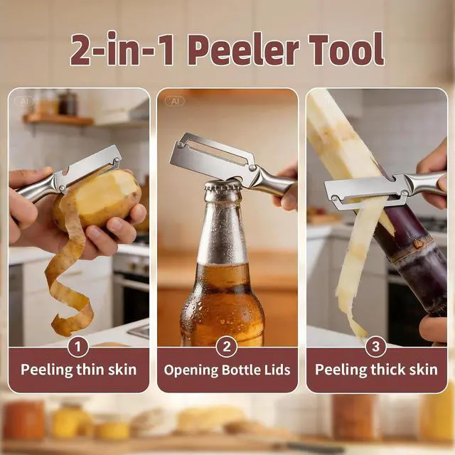 Alt view image 4 of 7 - Multifunctional Vegetable Peeler for Peeling Potato Carrot(2 Pack) | 2 in 1 Full Stainless Steel Peeler Knife | Bottle Opener Function | Fruit Cucumber Slicer