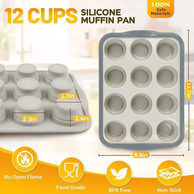 Alt view image 2 of 7 - Silicone Muffin Pan, 12 Cups Non-Stick Cupcake Pan, Food-Grade BPA-Free Muffin Tin, Oven-Safe 450 °F, Reinforced Steel Frame, Easy-Grab Handles, Quick-Release 2.3" Baking Molds for Mini Treats