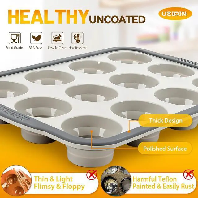 Alt view image 3 of 7 - Silicone Muffin Pan, 12 Cups Non-Stick Cupcake Pan, Food-Grade BPA-Free Muffin Tin, Oven-Safe 450 °F, Reinforced Steel Frame, Easy-Grab Handles, Quick-Release 2.3" Baking Molds for Mini Treats