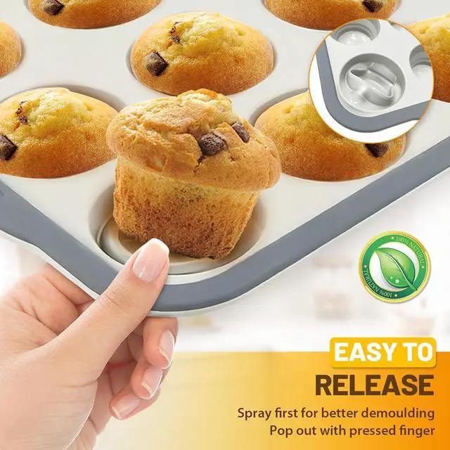 Alt view image 4 of 7 - Silicone Muffin Pan, 12 Cups Non-Stick Cupcake Pan, Food-Grade BPA-Free Muffin Tin, Oven-Safe 450 °F, Reinforced Steel Frame, Easy-Grab Handles, Quick-Release 2.3" Baking Molds for Mini Treats