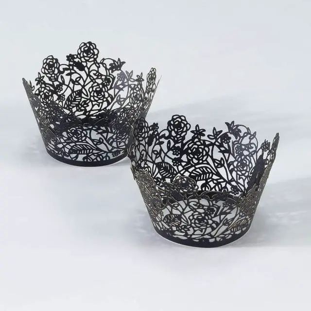 Alt view image 4 of 7 - YOZATIA 60pcs Black Rose Lace Cupcake Wrappers Holders, Laser Cut Cupcake Liners Decorative Liners for Wedding Party Birthday Cake Decoration Supplies
