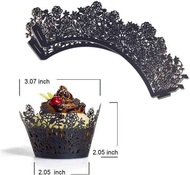 Alt view image 2 of 7 - YOZATIA 60pcs Black Rose Lace Cupcake Wrappers Holders, Laser Cut Cupcake Liners Decorative Liners for Wedding Party Birthday Cake Decoration Supplies