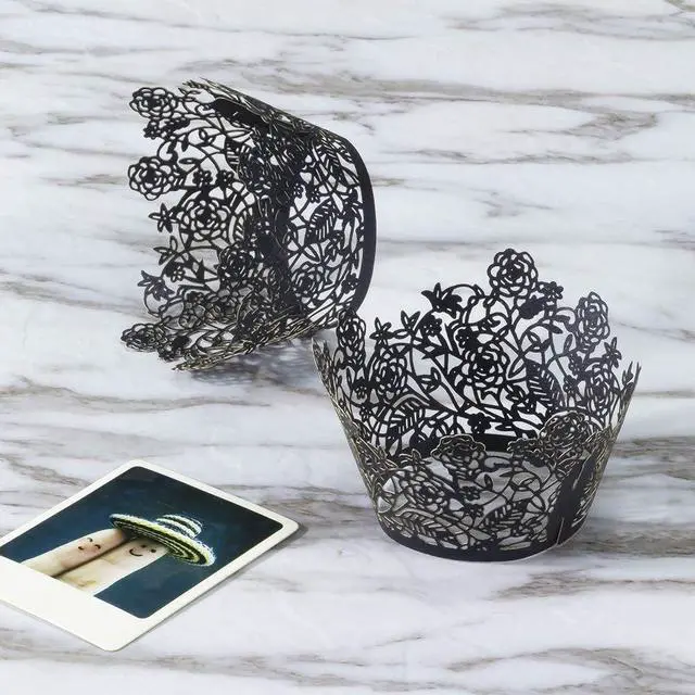 Alt view image 5 of 7 - YOZATIA 60pcs Black Rose Lace Cupcake Wrappers Holders, Laser Cut Cupcake Liners Decorative Liners for Wedding Party Birthday Cake Decoration Supplies