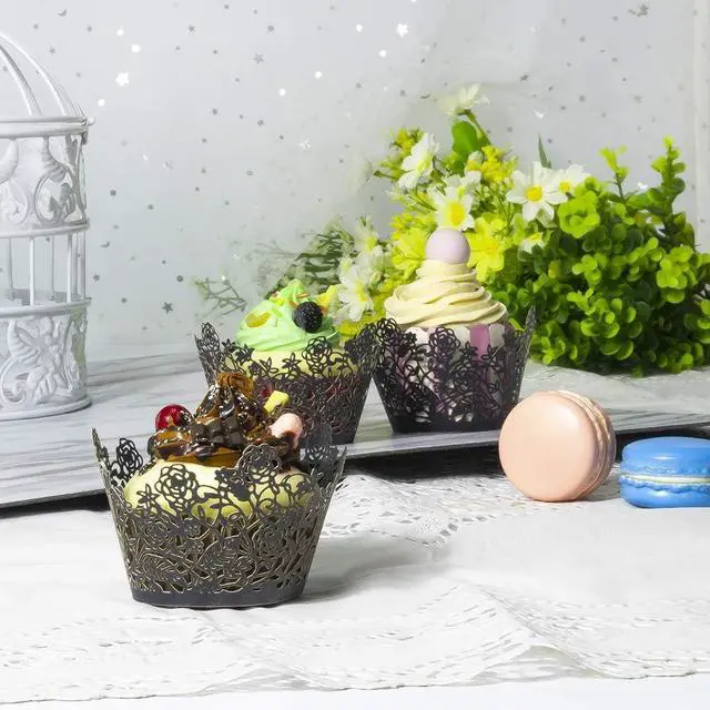 Alt view image 6 of 7 - YOZATIA 60pcs Black Rose Lace Cupcake Wrappers Holders, Laser Cut Cupcake Liners Decorative Liners for Wedding Party Birthday Cake Decoration Supplies
