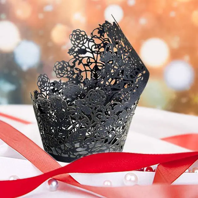 Alt view image 7 of 7 - YOZATIA 60pcs Black Rose Lace Cupcake Wrappers Holders, Laser Cut Cupcake Liners Decorative Liners for Wedding Party Birthday Cake Decoration Supplies